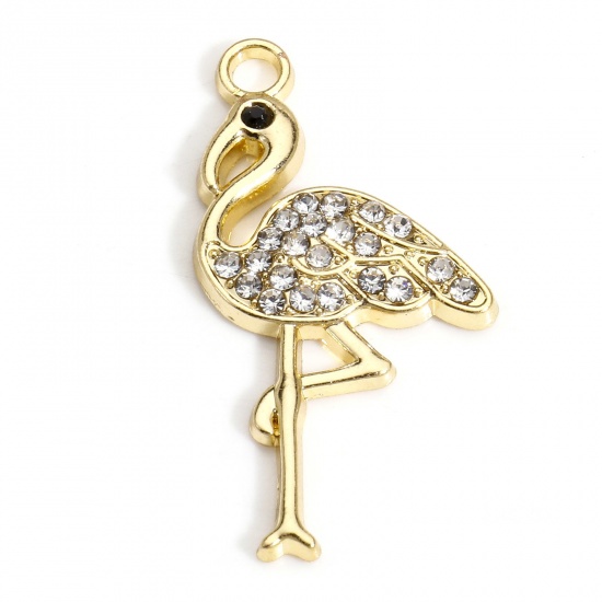 Picture of 10 PCs Zinc Based Alloy Charms Gold Plated Flamingo Micro Pave Clear Rhinestone 28mm x 15mm