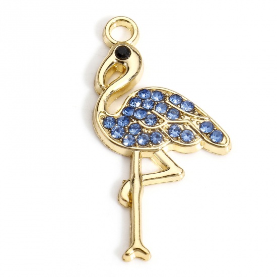 Picture of 10 PCs Zinc Based Alloy Charms Gold Plated Flamingo Micro Pave Blue Rhinestone 28mm x 15mm