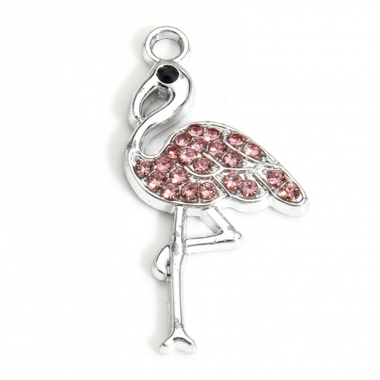 Picture of 10 PCs Zinc Based Alloy Charms Silver Tone Flamingo Micro Pave Pink Rhinestone 28mm x 15mm