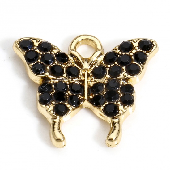 Immagine di 10 PCs Zinc Based Alloy Insect Charms Gold Plated Butterfly Animal Micro Pave Black Rhinestone 17mm x 15mm