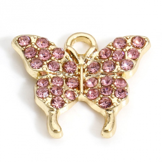 Image de 10 PCs Zinc Based Alloy Insect Charms Gold Plated Butterfly Animal Micro Pave Pink Rhinestone 17mm x 15mm