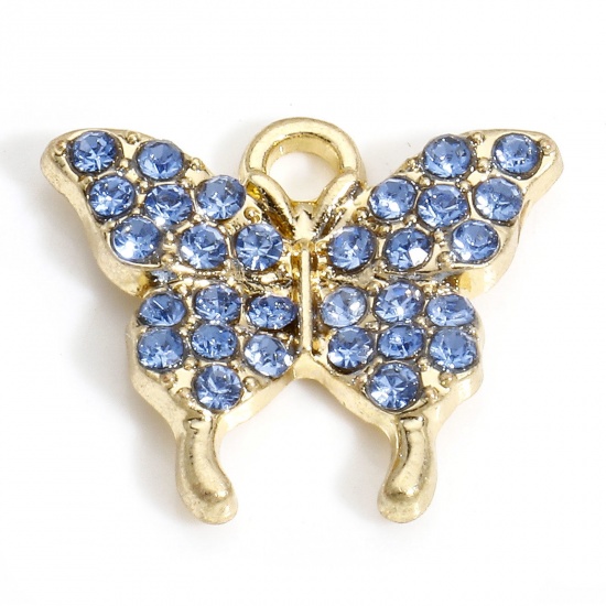 Immagine di 10 PCs Zinc Based Alloy Insect Charms Gold Plated Butterfly Animal Micro Pave Blue Rhinestone 17mm x 15mm