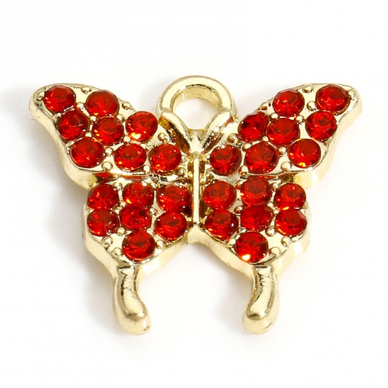 Picture of 10 PCs Zinc Based Alloy Insect Charms Gold Plated Butterfly Animal Micro Pave Red Rhinestone 17mm x 15mm