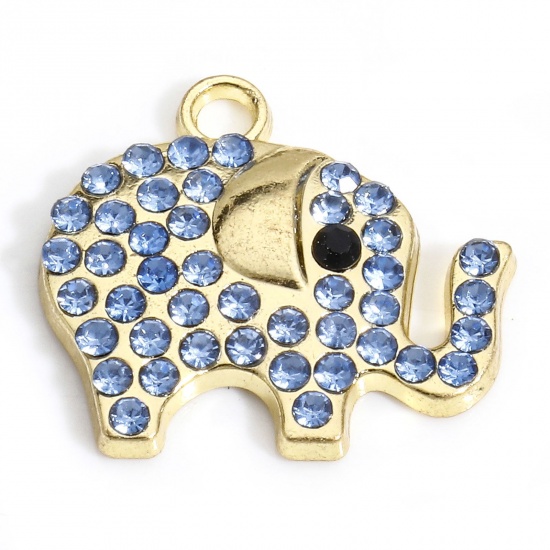 Picture of 10 PCs Zinc Based Alloy Charms Gold Plated Elephant Animal Micro Pave Blue Rhinestone 19mm x 17mm