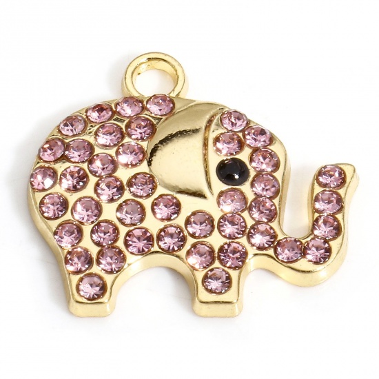 Immagine di 10 PCs Zinc Based Alloy Charms Gold Plated Elephant Animal Micro Pave Pink Rhinestone 19mm x 17mm