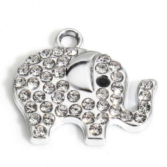 Picture of 10 PCs Zinc Based Alloy Charms Silver Tone Elephant Animal Micro Pave Clear Rhinestone 19mm x 17mm