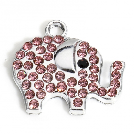 Picture of 10 PCs Zinc Based Alloy Charms Silver Tone Elephant Animal Micro Pave Pink Rhinestone 19mm x 17mm