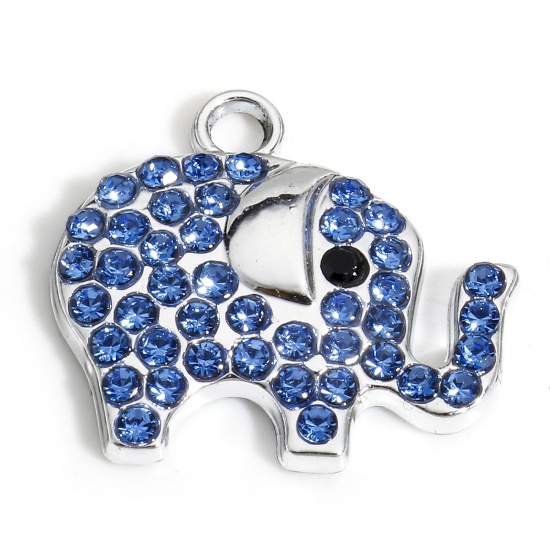 Picture of 10 PCs Zinc Based Alloy Charms Silver Tone Elephant Animal Micro Pave Blue Rhinestone 19mm x 17mm