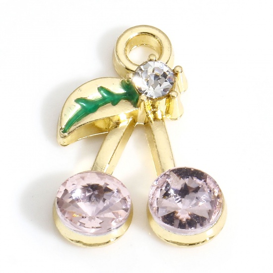 Picture of 10 PCs Zinc Based Alloy Charms Gold Plated Green Cherry Fruit Enamel Pink Rhinestone 17mm x 12mm