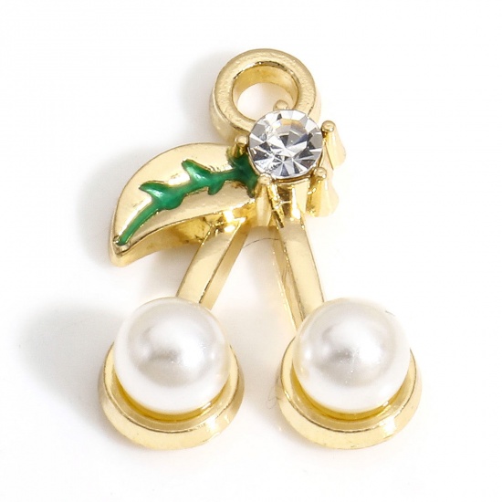 Immagine di 10 PCs Zinc Based Alloy Charms Gold Plated Green Cherry Fruit Acrylic Imitation Pearl 17mm x 12mm