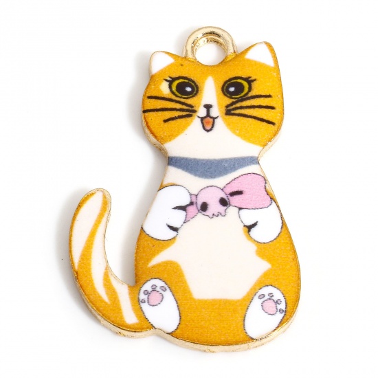 Picture of 10 PCs Zinc Based Alloy Charms Gold Plated Orange Cat Animal Enamel 28mm x 18mm
