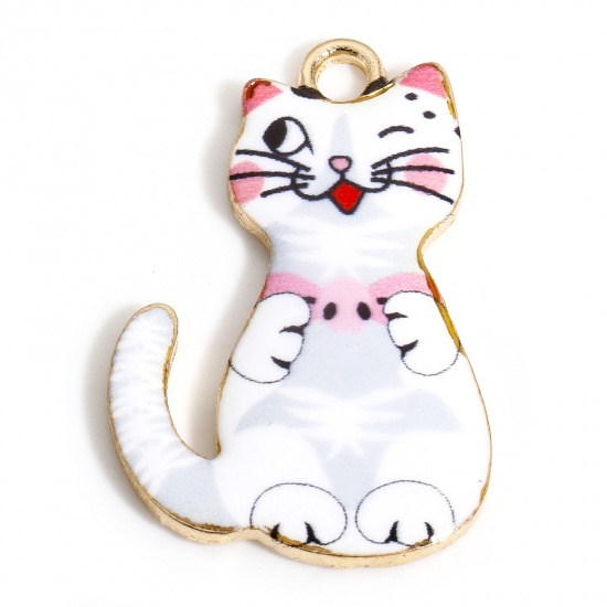 Immagine di 10 PCs Zinc Based Alloy Charms Gold Plated White Cat Animal Enamel 28mm x 18mm