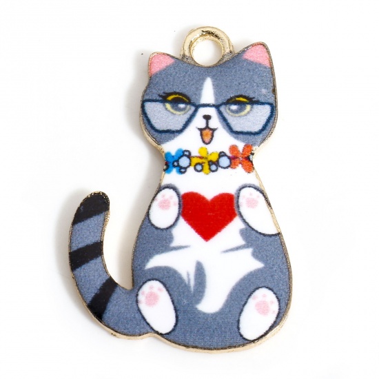 Picture of 10 PCs Zinc Based Alloy Charms Gold Plated Gray Cat Animal Enamel 28mm x 18mm