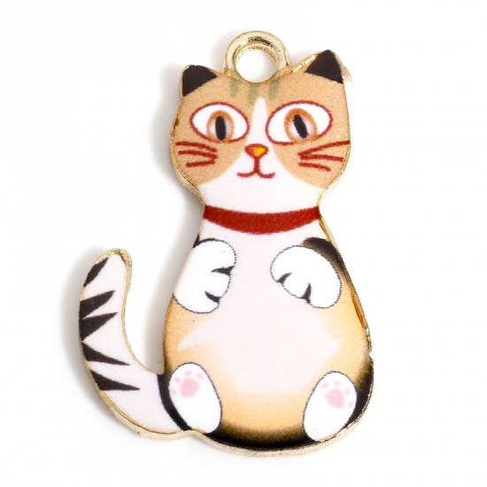 Immagine di 10 PCs Zinc Based Alloy Charms Gold Plated Light Brown Cat Animal Enamel 28mm x 18mm