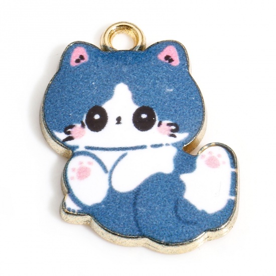 Picture of 10 PCs Zinc Based Alloy Charms Gold Plated Ink Blue Cat Animal Enamel 22mm x 17mm