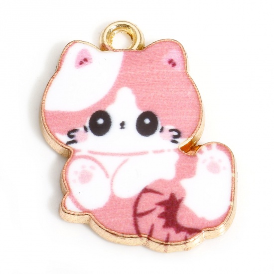 Picture of 10 PCs Zinc Based Alloy Charms Gold Plated Pink Cat Animal Enamel 22mm x 17mm