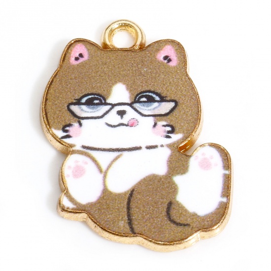 Immagine di 10 PCs Zinc Based Alloy Charms Gold Plated Brown Cat Animal Enamel 22mm x 17mm