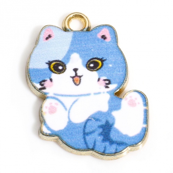 Immagine di 10 PCs Zinc Based Alloy Charms Gold Plated Skyblue Cat Animal Enamel 22mm x 17mm