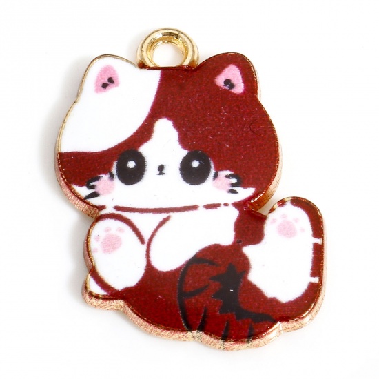 Picture of 10 PCs Zinc Based Alloy Charms Gold Plated Wine Red Cat Animal Enamel 22mm x 17mm