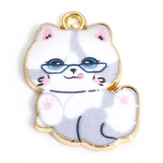 Immagine di 10 PCs Zinc Based Alloy Charms Gold Plated French Gray Cat Animal Enamel 22mm x 17mm