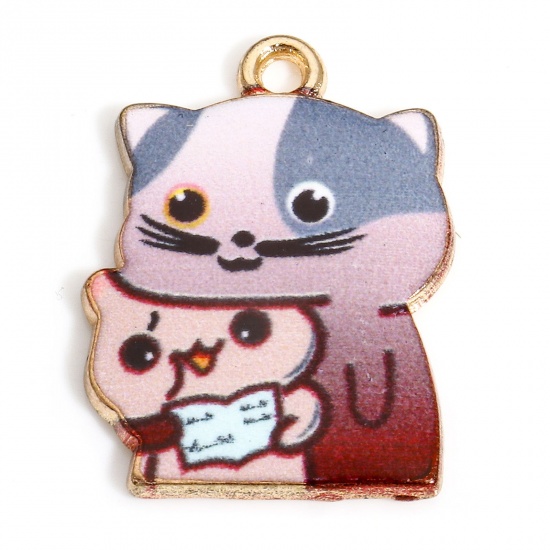 Immagine di 10 PCs Zinc Based Alloy Charms Gold Plated Wine Red Cat Animal Enamel 22mm x 16mm