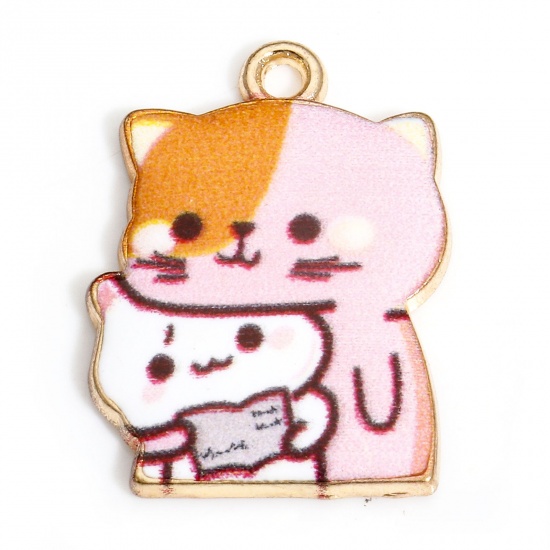 Immagine di 10 PCs Zinc Based Alloy Charms Gold Plated Pink Cat Animal Enamel 22mm x 16mm