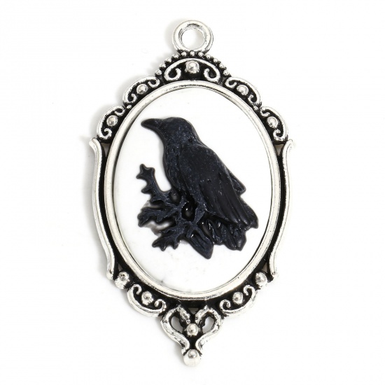 Picture of 5 PCs Zinc Based Alloy Halloween Pendants Antique Silver Color Crow Bird Oval With Resin Cabochons 4.3cm x 2.4cm