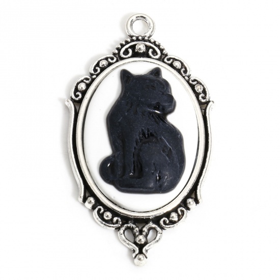 Picture of 5 PCs Zinc Based Alloy Halloween Pendants Antique Silver Color Oval Cat With Resin Cabochons 3.7cm x 2.5cm