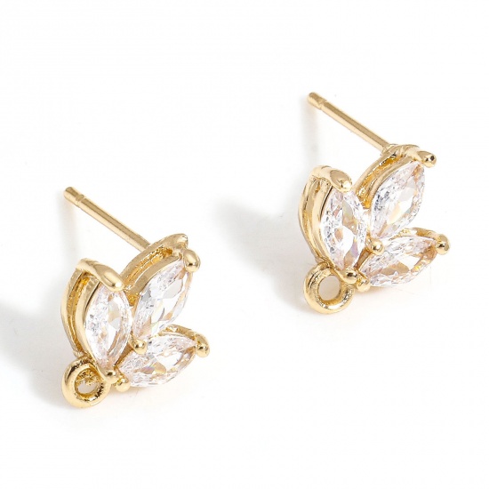 Picture of 1 Pair Brass Ear Post Stud Earring With Loop Connector Accessories Gold Plated Leaf Clover Clear Cubic Zirconia 10mm x 8mm, Post/ Wire Size: (20 gauge)