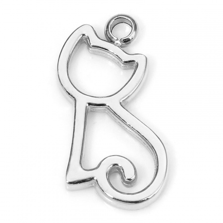 Imagen de 1 Unidad Enchapado al Vacío Ecológico 304 Acero Inoxidable Lindo Colgantes Charms Gato Tono de Plata Hueco 14.5mm x 7.5mm