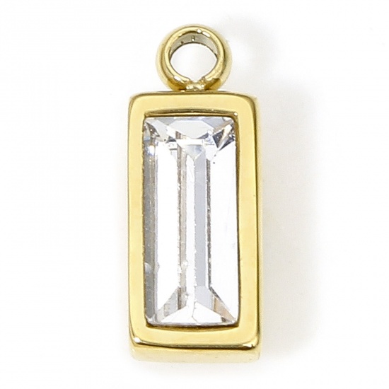 Изображение 1 Piece Eco-friendly Vacuum Plating 304 Stainless Steel Birthstone Charms Gold Plated Rectangle Trapezoid Clear Rhinestone 11mm x 4.5mm