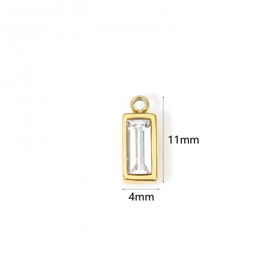 Picture of 1 Piece Eco-friendly PVD Vacuum Plating 304 Stainless Steel April Birthstone Charms 14K Real Gold Plated Rectangle Mini Clear Cubic Zirconia 11mm x 4mm