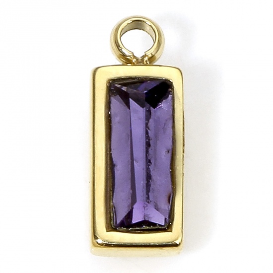Picture of 1 Piece Eco-friendly Vacuum Plating 304 Stainless Steel Birthstone Charms Gold Plated Rectangle Trapezoid Purple Rhinestone 11mm x 4.5mm
