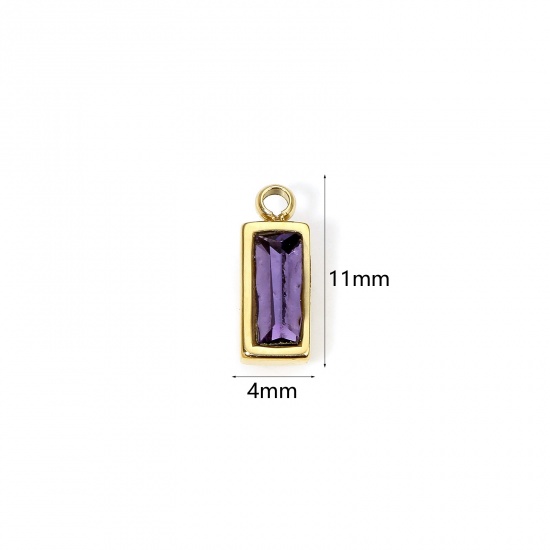 Picture of 1 Piece Eco-friendly PVD Vacuum Plating 304 Stainless Steel February Birthstone Charms 14K Real Gold Plated Rectangle Mini Purple Cubic Zirconia 11mm x 4mm