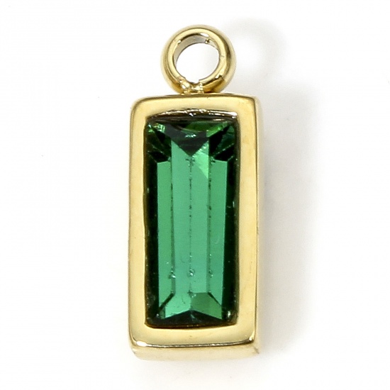 Изображение 1 Piece Eco-friendly Vacuum Plating 304 Stainless Steel Birthstone Charms Gold Plated Rectangle Trapezoid Green Rhinestone 11mm x 4.5mm