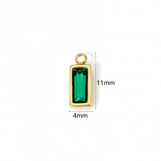 Picture of 1 Piece Eco-friendly PVD Vacuum Plating 304 Stainless Steel May Birthstone Charms 14K Real Gold Plated Rectangle Mini Emerald Cubic Zirconia 11mm x 4mm