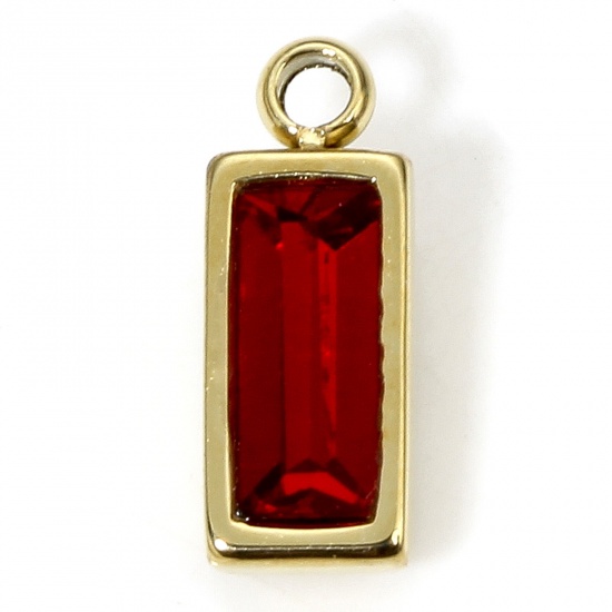 Picture of 1 Piece Eco-friendly Vacuum Plating 304 Stainless Steel Birthstone Charms Gold Plated Rectangle Trapezoid Red Rhinestone 11mm x 4.5mm