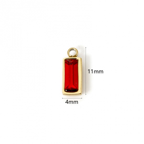 Picture of 1 Piece Eco-friendly PVD Vacuum Plating 304 Stainless Steel July Birthstone Charms 14K Real Gold Plated Rectangle Mini Red Cubic Zirconia 11mm x 4mm