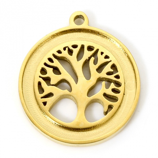 Immagine di 1 Piece Eco-friendly Vacuum Plating 304 Stainless Steel Religious Charms Gold Plated Round Tree of Life 17.5mm x 15.5mm