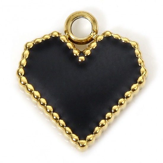 Immagine di 1 Piece Eco-friendly Vacuum Plating 304 Stainless Steel Stylish Charms Gold Plated Black Heart Enamel 12.5mm x 11.5mm