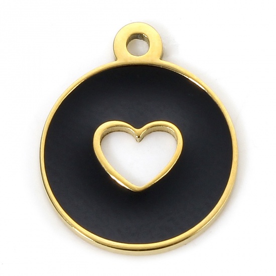 Изображение 1 Piece Eco-friendly Vacuum Plating 304 Stainless Steel Stylish Charms Gold Plated Black Round Heart Hollow 12mm x 10mm