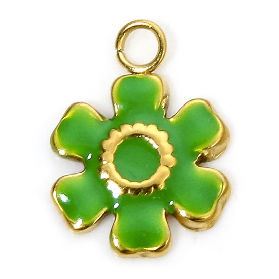 Immagine di 1 Piece Eco-friendly Vacuum Plating 304 Stainless Steel Stylish Charms Gold Plated Green Flower Enamel 11.5mm x 8.5mm