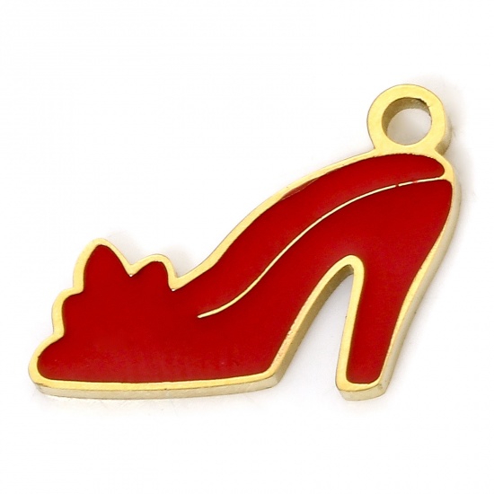 Immagine di 1 Piece Eco-friendly Vacuum Plating 304 Stainless Steel Stylish Charms Gold Plated Red High-heeled Shoes Enamel 13mm x 10.5mm