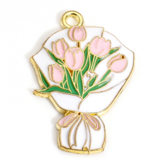 Bild von 10 PCs Zinc Based Alloy Mother's Day Charms Gold Plated Pink Tulip Flower Enamel 28mm x 18mm