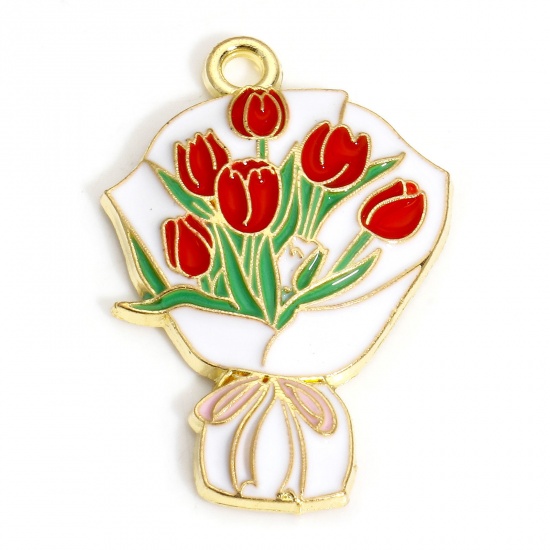 Bild von 10 PCs Zinc Based Alloy Mother's Day Charms Gold Plated Red Tulip Flower Enamel 28mm x 18mm