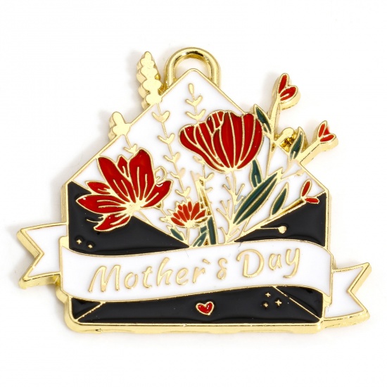 Bild von 10 PCs Zinc Based Alloy Mother's Day Pendants Gold Plated Multicolor Envelope Flower Enamel 3.2cm x 3cm