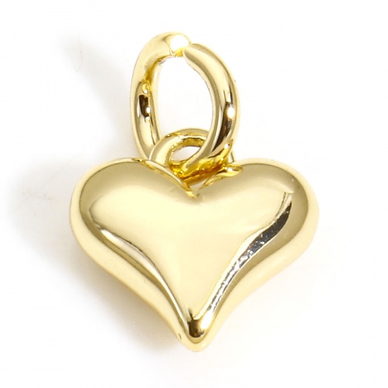 Picture of 2 PCs Eco-friendly Brass Valentine's Day Charms 18K Real Gold Plated Heart 3D 12mm x 8mm