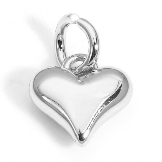 Picture of 2 PCs Eco-friendly Brass Valentine's Day Charms Real Platinum Plated Heart 3D 12mm x 8mm