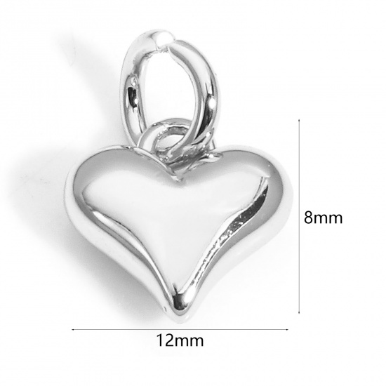 Image de 2 Pcs Breloques La Saint Valentin en Laiton Respectueux de la Nature Cœur Plaqué Platine Véritable 3D 12mm x 8mm
