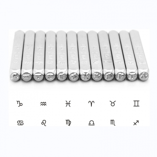 Picture of 1 Set/12 pcs 3mm Steel Blank Stamping Tags Punch Metal Stamping Tools Rectangle Cuboid Constellation Silver Tone 6cm x 0.6cm